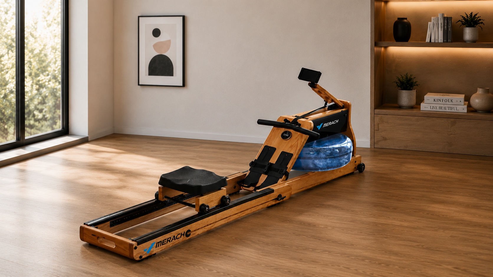MERACH NovaRow 950 dual resistance water rower in a compact modern home gym